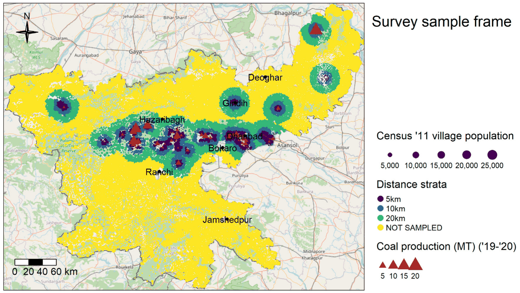Overview of the sample frame, describing the location and production (2019-20) of coal mines and the location and populations of rural villages. Basemaps are provided by OpenStreetMap. CC-BY 4.0.