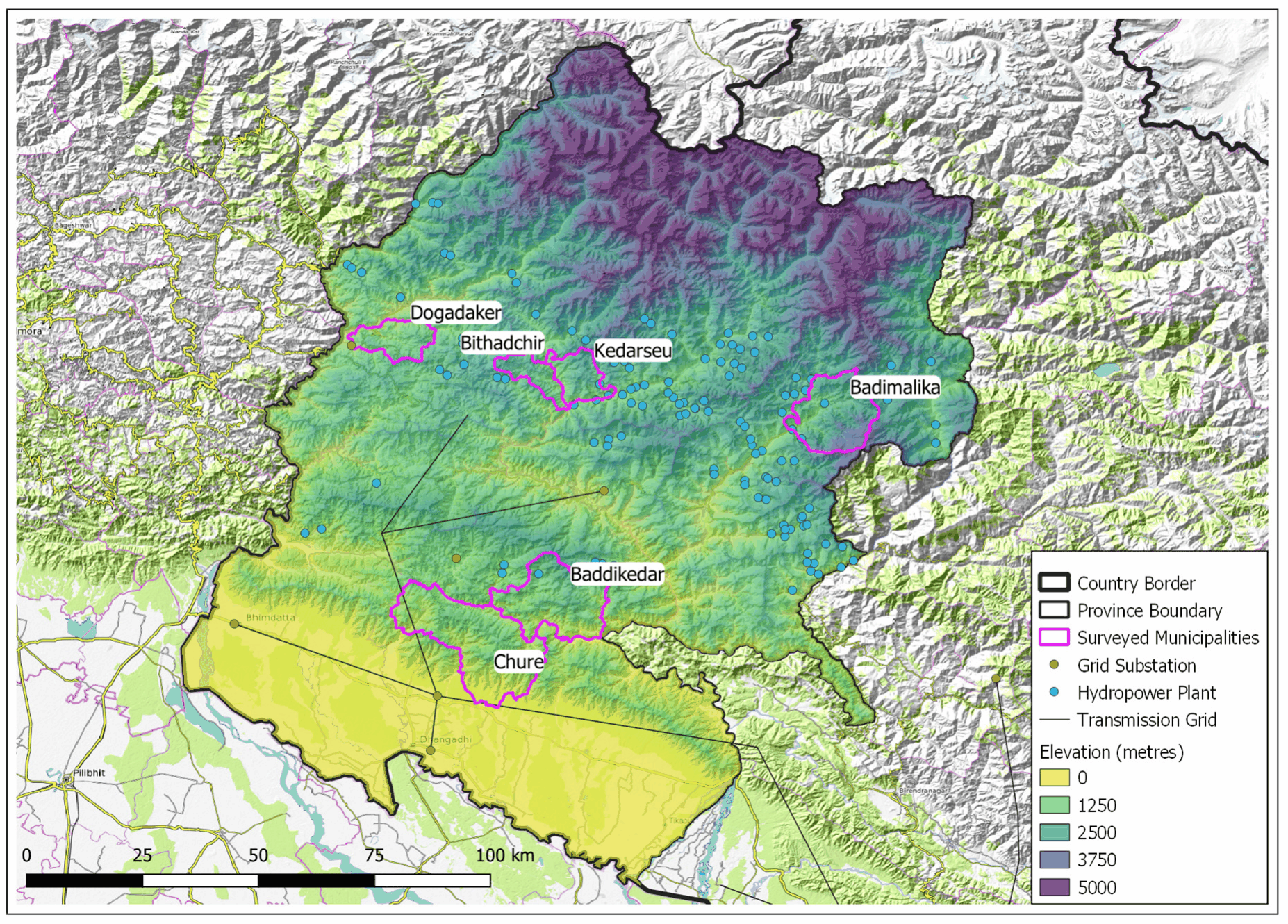 Map of surveyed municipalities in the hilly region of Sudurpashchim Pradesh, far western Nepal. © International Energy Initiative / Elsevier (Energy for Sustainable Development), author reuse.