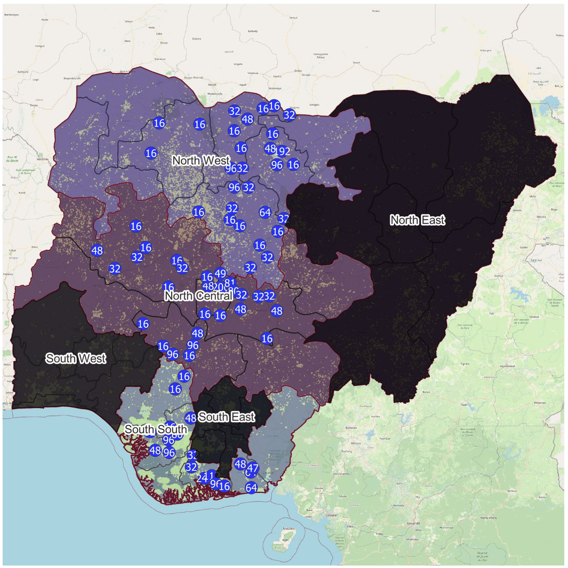 Visualisation of the spatial distribution of the household sample. Basemap electrification coverage for 2020 estimated by AtlasAI. CC-BY 4.0.